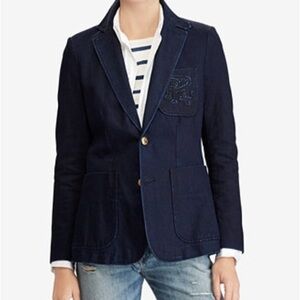 Ralph Lauren Dark Blue Women's Denim Look Blazer Lace Pocket Detail Gold Buttons